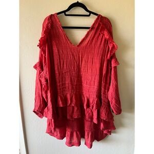 FREE PEOPLE Red Ruffled Tiered V Neck Long Sleeve Tunic Top‎ Size XS